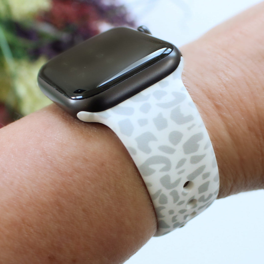gray and white leopard print apple watch band